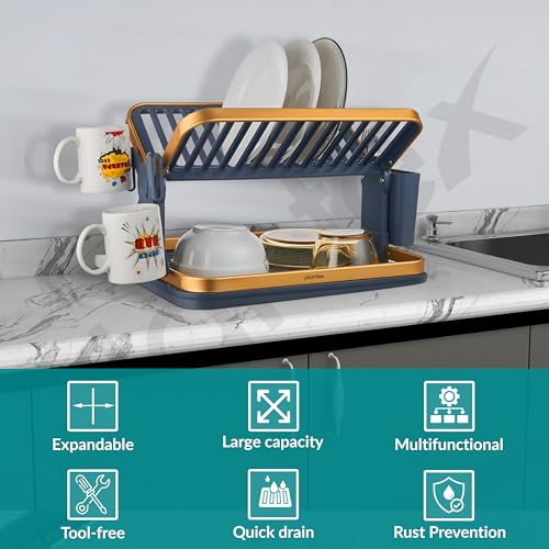 Image of Plantex Kitchen Storage Rack /Aluminium Fold Flat Dish Drying Rack with Drainboard /2-Tier Kitchen Organiser Rack - (Gold & Grey)