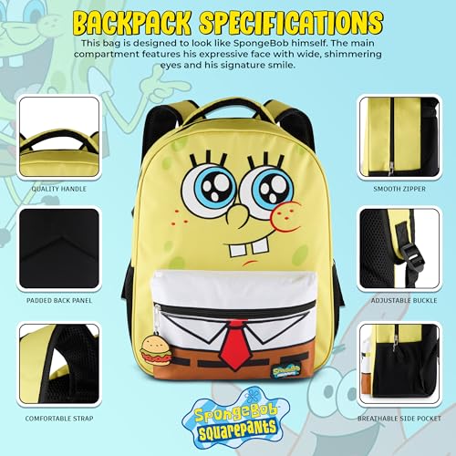 Image of AI ACCESSORY INNOVATIONS SpongeBob Square Pants Backpack for Boys & Girls, 16 inch Big Face Nylon Twill Bookbag w /Molded Hamburger Patty Dangle, Yellow