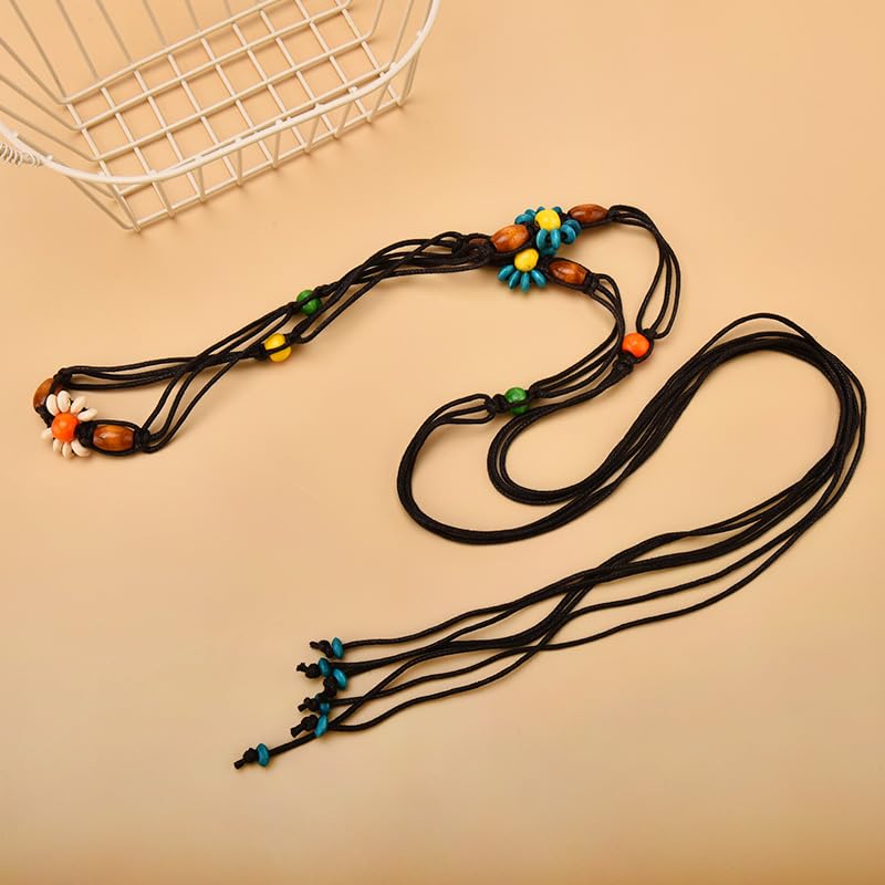 Boho Colorful Floral Beaded Belt for Women Adjustable Handwoven Bohemian Flower Belt with Beaded Tassel Woven Braided Western Rope Belts for Summer Beach Weddings Wear Boho Outfit Accessory​4