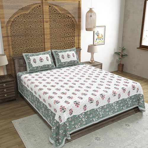 Image of BLOCKS OF INDIA Hand Block Printed 300 TC Cotton Super King Size Bedsheet(106 x 106) (GAD Green)
