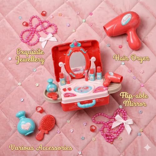 Image of Zest 4 Toyz Makeup Kit Set for Kids 3 in 1 Learning Educational Toy Makeup Set Kit for Girls 6-12 Suitcase Kit with Accessories Pretend Play Set Portable Suitcase Toy Gift for Girls - Pink