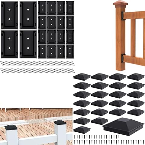Goovilla 20 Pack 2x4 Deck Railing Bracket Connectors with 120 PCS Screws, 24 Pack 4x4 Post Caps with 48 Screws, Both for Wood Post Cover