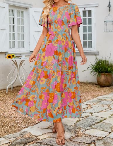 Image of ZESICA Women's 2026 Summer Boho Floral Maxi Dresses Casual Short Flutter Sleeve Smocked Tiered Flowy Dress
