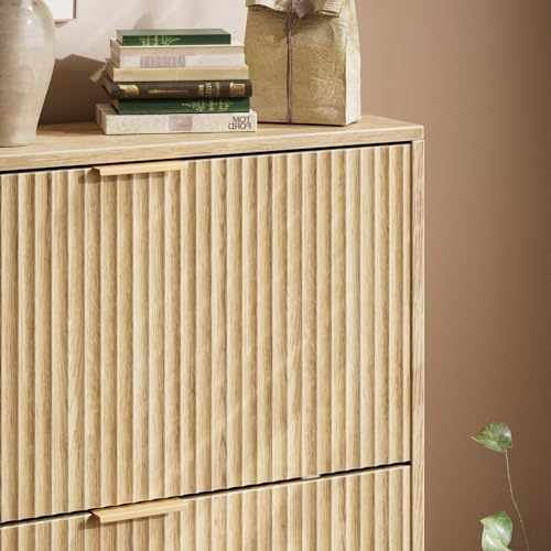Image of Evermagin 31.5''W Oak Shoe Cabinet Storage for Entryway, Fluted Slim Shoe Dresser with 3 Flip Drawers, Narrow Shoe Rack Cabinet, Hidden Shoe Organizer Cabinet for Entrance, Hallway
