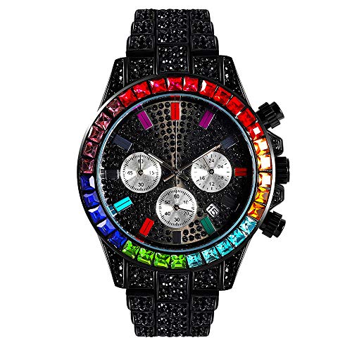 Hip Hop Diamant Uhr DREI Auge Diamant Uhr Iced Out Pave Bling farbige Diamant Armbanduhr Herren Kalender Quarz Armbanduhr Weihnachten Geburtstagsgeschenk Cover