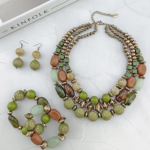 Bocar 3 Layer Chunky Statement Beaded Necklace Earrings Bracelet Set, Fashion Multi Layer Women Collar Necklace Jewelry Set2