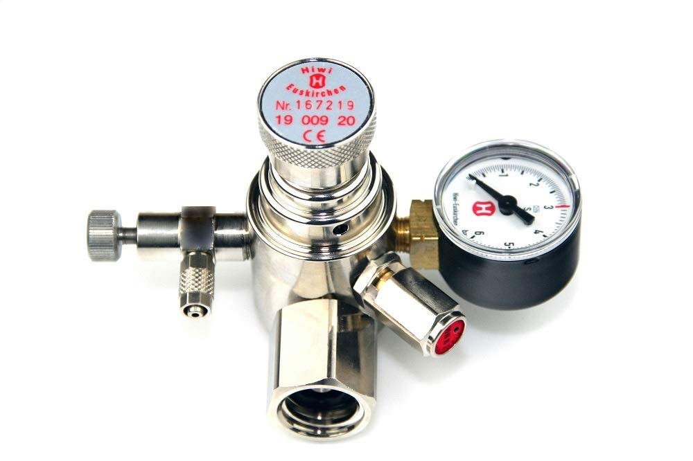 Hiwi Druckminderer CO2 Mehrweg fest verbauter Adapter z.B. für Sodastream Zylinder o.a. Arbeitsdruckmanometer Aquarium 1 Manometer mit Rückschlagventil
