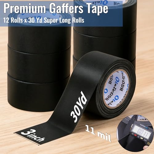 Image of Black Gaffers Tape 3 Inch -12 Roll Multi Pack Bulk - 30 Yards per Roll - Easy Tear, Non Residue Heavy Duty Gaff Tape - Waterproof Matte Cloth Gaffers Tape for Professional Photography, Filming, Stage