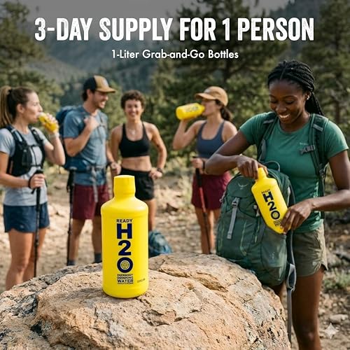 Image of Ready H2O Bottled Emergency Drinking Water - 20-Year Shelf Life, Triple-Sealed Food Grade HDPE Bottles, Reusable & Crush-Resistant, FEMA-Ready Emergency Water Supply, 12 x 1 Liter Bottles (3-Day Supply for 1 Person)