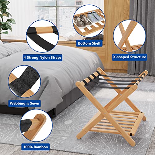 Smuxee-Fully-Assembled-Luggage-Rack-Pack-of-2-Bamboo-Foldable-Suitcase-Stand-with-Nylon-Straps-Luggage-Holder-with-Shelf-for-Guest-Room-Bedroom-Hotel-Nature-Luggage-Rack-2pcs