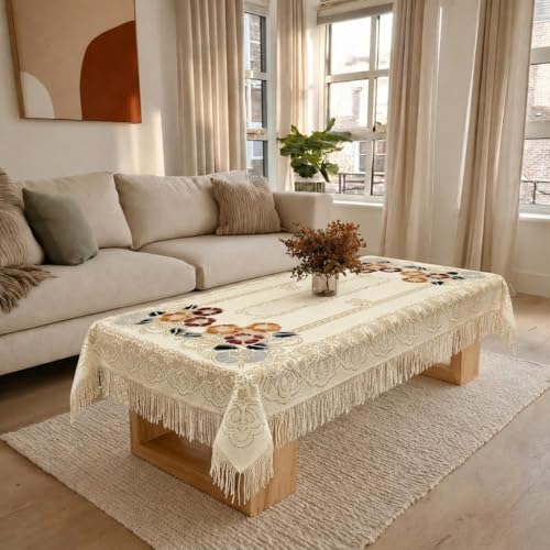 Image of Cotton Net Embroidered Center & Dining Table Cover for 4 Seater | Rectangular 40x60 Inch | Lightweight & Washable Table Cloth | Pack of 1 (Cream)
