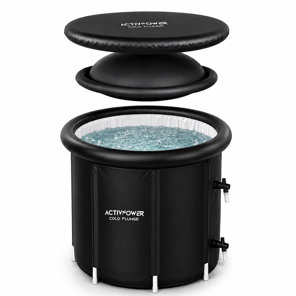 ActivPower Ice Bath Tub, Up to 415 L Portable Cold Plunge for Adults, 85 x 85 x 73 cm Nylon PVC Ice Bath with Cover, Pump, Drainage Kit & Insulation Layer for Home Gym and Garden