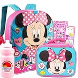 Disney Minnie Mouse Backpack with Lunch Box for Girls 5 Pc Bundle ~ Deluxe 16' Minnie Bag, Insulated Lunch Bag, Stickers, and More (Minnie Mouse School Supplies) (Minnie Mouse Blue)