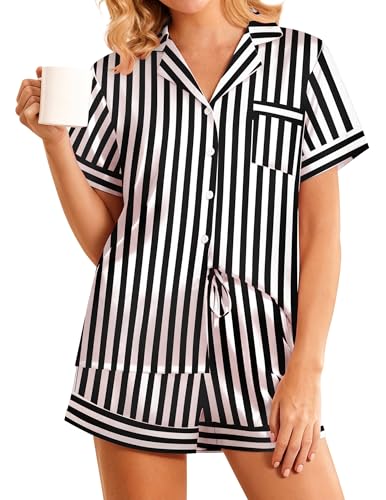 Image of Girece Pajamas for Women Satin Pajama Set 2 Piece Short Sleeve with Shorts