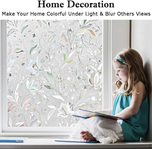 Image of Elton 3D Window Privacy Film, Lotus Rainbow Window Clings, Decorative Window Vinyl, Stained Glass Window Decals, Static Cling Window Sticker Non-Adhesive No Glue 24 x 240 inches