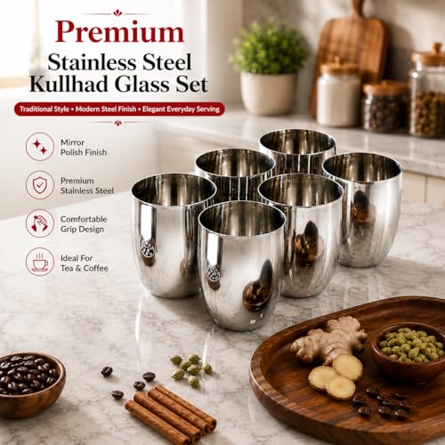 Image of Ajay's Shoppe Stainless Steel Drinking Glass Set of 6, 350 ml, 10 x 8 cm, Kullad Shape Steel Tumblers for Water, Juice & Lassi, Food Grade, Rust-Resistant