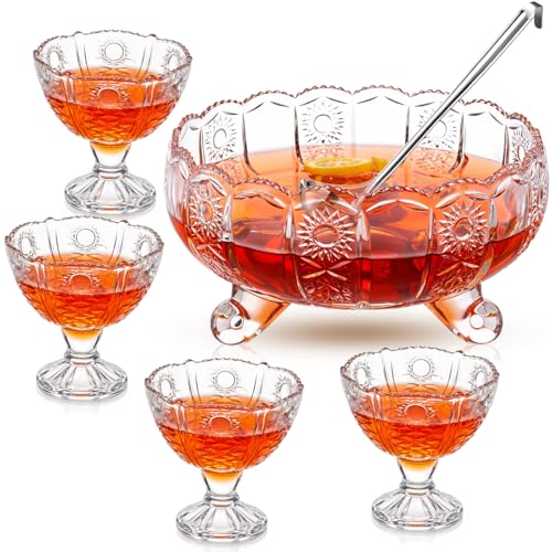 LemonRoad Vintage Glass Punch Bowl Set with Cups
