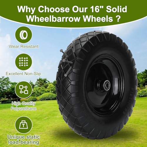 Pontuss Upgraded 16\" Flat Free Wheelbarrow Wheels and Tires, 4.80/4.00-8 Solid Wheelbarrow Tires with 5/8\"&3/4\" Bearings,14\"-16\" Universal Fit Wheelbarrow Wheels for Wheelbarrows/Garden Trailer