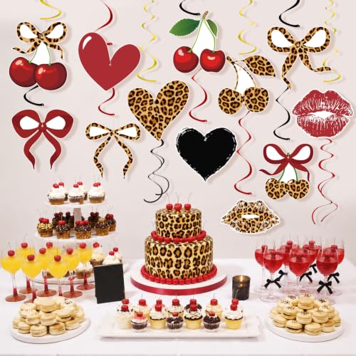 Image of 54PCS Cheetah Cherry Print Party Hanging Swirls Cheetah Cherry Birthday Decorations Leopard Print Party Foil Swirls Ceiling Decorations for Women Girl Bachelorette Parties Sulpplies Galentines Day