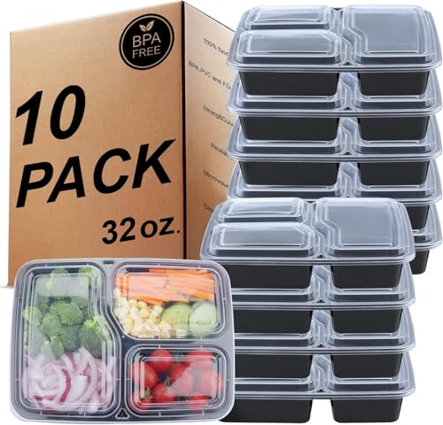 KINGHON Lot de 20 boîtes à repas réutilisables, 3 compartiments de 1000 ml, sans BPA, avec couvercles, passent au micro-ondes, au congélateur et au lave-vaisselle – Boîtes à déjeuner en plastique