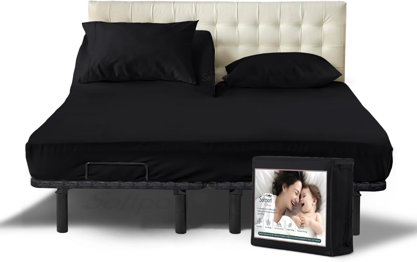 Flex Top King Fitted Sheets for Adjustable Beds 600 Thread Count Half Split 3 PC Fitted Sheet - Soft - King 32 Split Head Fitted Sheet Fits Upto 18 Inch Deep Pocket (Black)