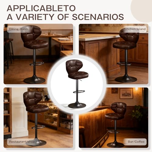 Image of Modern Bar Stools Set of 2, Adjustable Swivel Upholstered Full-Back Counter Height Bar Chairs for Kitchen Island, Dining Room, Bar Brown