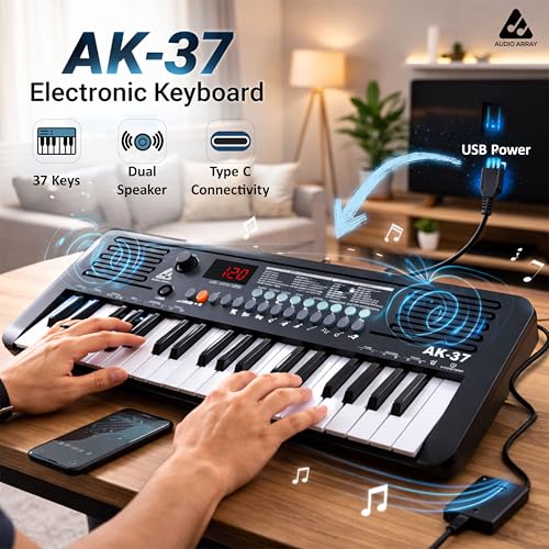 Image of Audio Array AK-37 Black MIDI Keyboard 37 Velocity Sensitive Keys, Built-in Speakers, 200 Presets, Sustain & Touch, Tempo, Octave /Transpose /Tune, Master Volume Knob, LED Display BT AA & Type-C Power