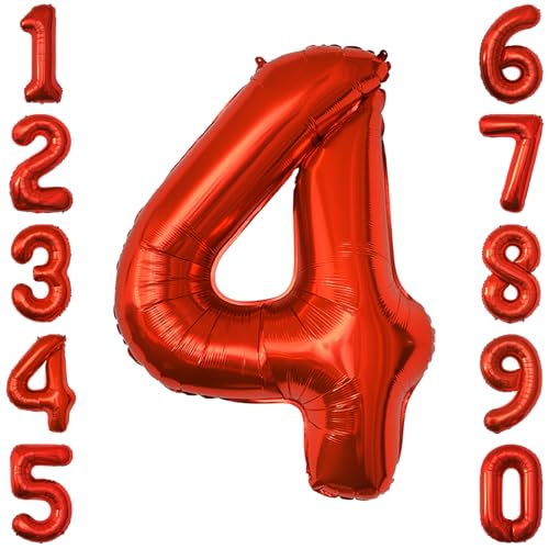 Red Number 4 Balloon 40 Inch, Foil Numeral for Milestone Party Decor