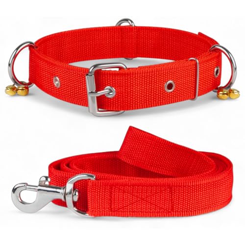 Image of Dog Neck Collar Belt and Leash for Medium Dogs, Dog Stylish Nylon Leash Belts with Bell - Beagle, Pug, Boxer, Shiba Inu, Tibetan Terrier, Indian Spitz (Medium, Red)