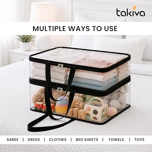 Image of TAKIVA Transparent Multipurpose Storage Bag | Saree Cover Bag with Zip for Storing Clothes, Suits, Undergarments, wedding packing | Wardrobe organising (Medium, Pack of 2)