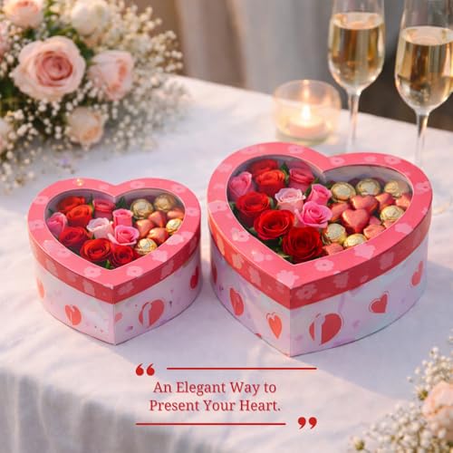 Image of Oasis Pack of 2 Heart Shaped Gift & Flower Hamper Boxes With Clear Lid | Classic Bouquet Box for Flower Arrangements & Gift Hampers | Decorative Gift Packaging Box - Pink Cupid Choice Heart