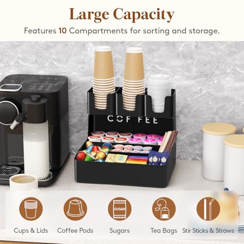 Image of Lifewit 2-tier Coffee Station Organizer Caddy for Countertop, 10 Compartments Coffee Bar Organizers for Cups, Pods, Sugar, Compact Condiment Holders Storage for Office Breakroom Kitchen Home Black