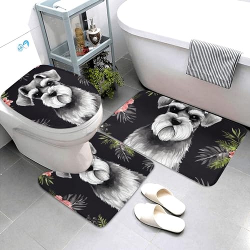 Dwrepo Schnauzer Print Bathroom Rug Set 3 Piece with Non-Slip U-Shaped Contour Mat and Toilet Lid Cover for Bathroom Decoration