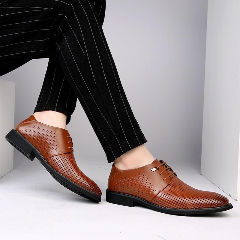 YZABEL Men's Genuine Leather Oxfords Dress Shoes, Stylish Pointed Toe Lace-Up Business Casual Shoes, Rubber Non-Slip Breathable Hollow for Formal and Everyday Wear2