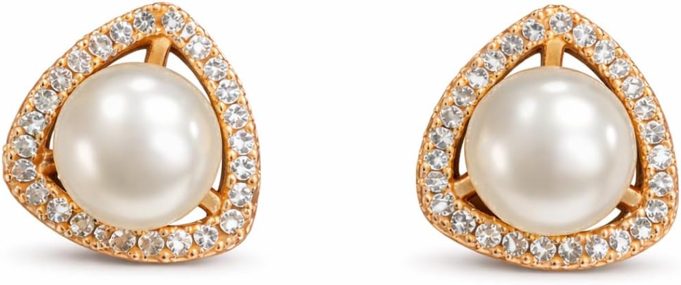 Rose Gold Plated Triangular Design Pearl Stud Earrings With American Diamond for Women And Girls | Gift For Her | Anti- Allergy |Anti-Tarnish | Office Wear