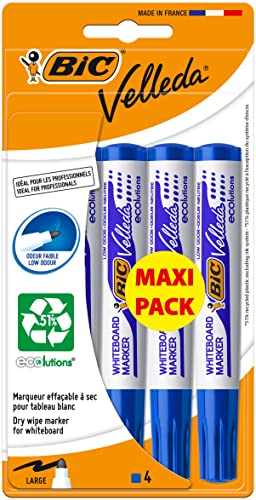 BIC Velleda 1701 ECOlutions Feutres pour Tableau Blanc Effaçables à Sec à Pointe Conique Moyenne - Bleu, Blister de 4