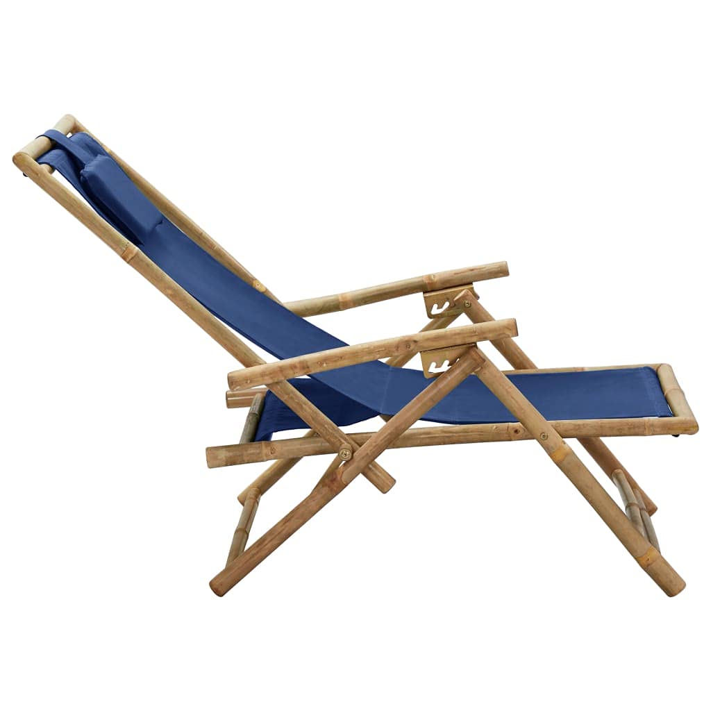 Makastle Fauteuil de Jardin Pliable avec Accoudoirs et Dossier inclinable, Chaise Longue de Jardin Pliante, Relaxation Chaise de Camping Chaise de Plage, 64 x 89 x 71 cm Bleu Marine Bambou et Tissu
