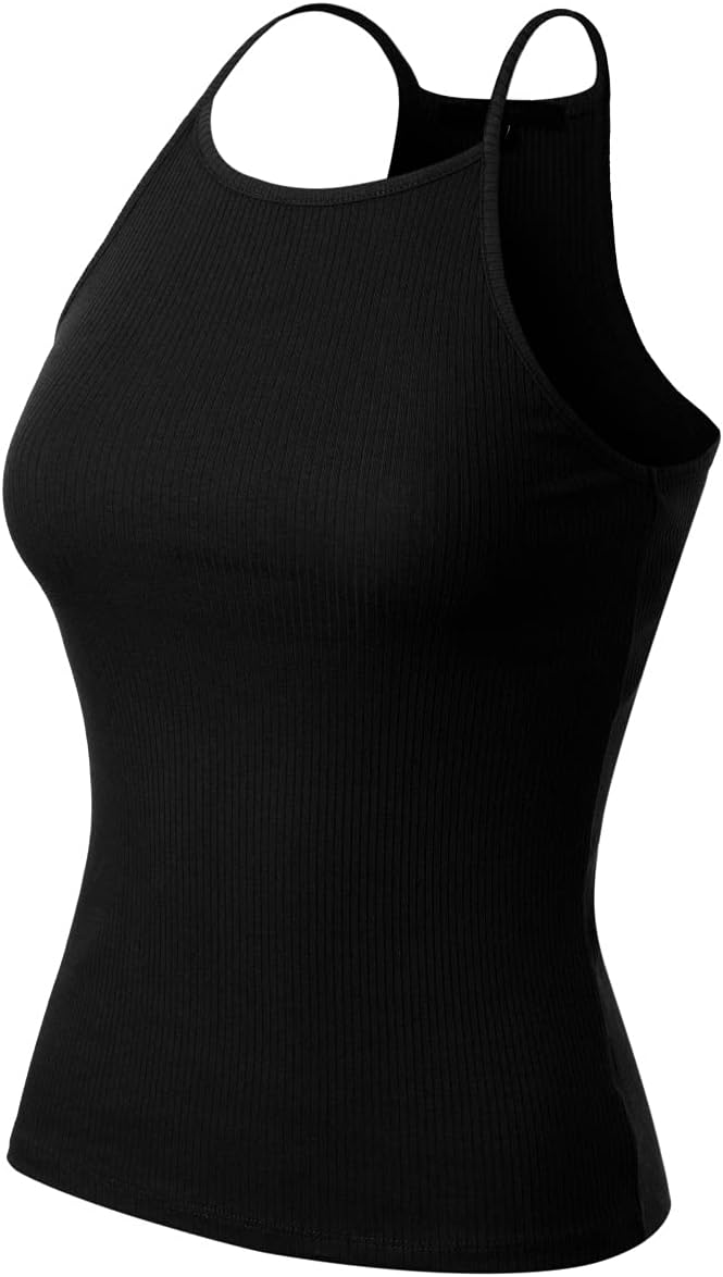 MixMatchy Women's Simple Casual Basic Active High Neck Ribbed Tank Top