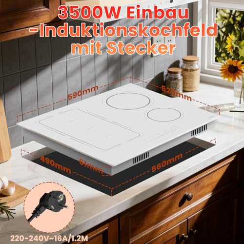Induktionskochfeld 60 cm, 4 Platten Einbau Kochfeld induktion Autark Induktionsherd mit Stecker Induktionsfeld mit Flexzone 9 Leistungsstufen, 3400W, Timer