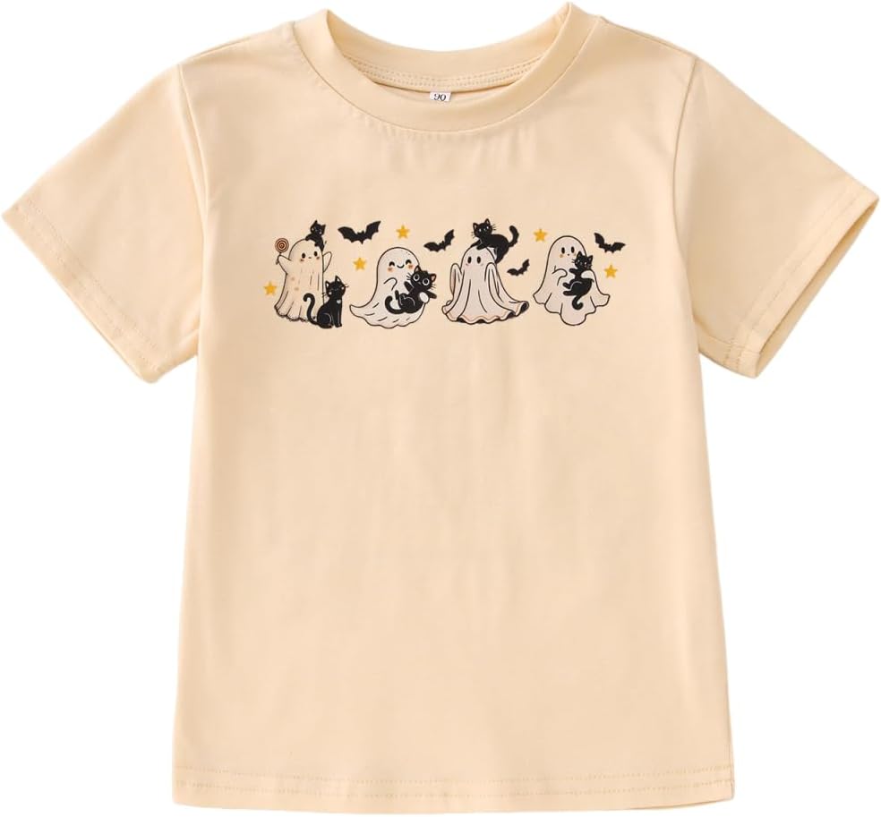 MODNTOGA Halloween Shirt Toddler Girl Cute Ghost T-Shirt Kids Ghost Black Cat Outfit Top Spooky Season Short Sleeve Fall Tee