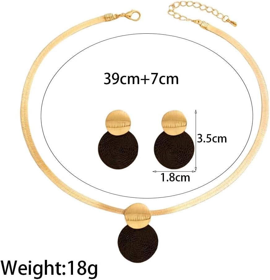 Chunky Gold Black Disc Pendant Necklace Drop Earrings Set for Women,Simple Chic Herringbone Choker Necklace Statement Earrings Minimalist Geometric Jewelry Set