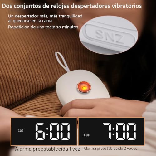 Reloj despertador vibratorio digital con pantalla LED regulable y 2 alarmas 6
