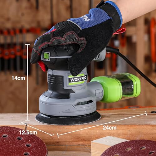 WORKPRO Szlifierka mimośrodowa 125 mm, szlifierka obrotowa z regulowaną prędkością (prędkość bez obciążenia: 7 000–13 000 obr./min), szlifierka 300 W z pojemnikiem na kurz i 20 tarczami szlifierskimi