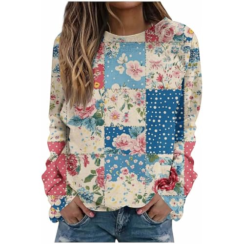 hlysgo Sweatshirt for Women Plus Size Fall Tops Vintage Patchwork Long Sleeve Pullover Casual Loose Crew Neck Sweat Shirts