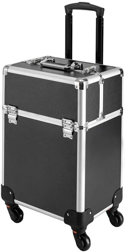 Aluminum Rolling Makeup Small Train Case, Professional Rolling Makeup Case, Cosmetic Organizer, Travel Beauty Luggage Trolley with 4 Removable Wheels, Black.