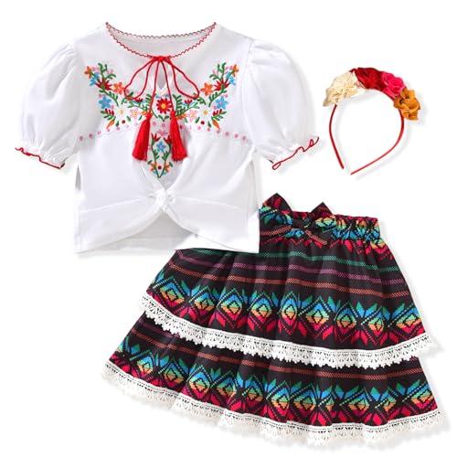 Image of HIHA Toddler Little Girls Mexican Embroidered Skirts Outfit