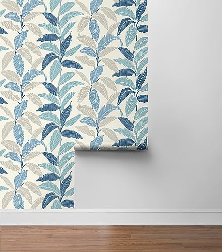 Image of Tommy Bahama - Leafy Peel and Stick Wallpaper, Botanical Wallpaper for Bedroom, Powder Room, Kitchen, Vinyl, 30.75 Sq Ft Coverage (Leafy Collection, Bliss Blue)