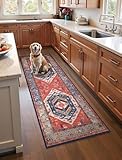 SERISSA Boho Washable Runner Rug, 2x6 Rug Runner Non-Slip Vintage Rust Hallway Kitchen Runner Rug Ultra Soft Print Distressed Tribal Floor Carpet Runner for Bedroom Bathroom Laundry Living Room