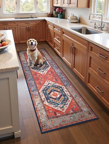 SERISSA Boho Kitchen Runner Rug, 3x7 Washable Non-Slip Runner Rug for Hallways Kitchen Rug, Ultra Soft Vintage Rust Print Distressed Tribal Floor Carpet Runner for Bedroom Entryway Laundry Room