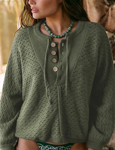 Image of Women Oversized Knit Sweatshirt Hollow Long Sleeve Button Drawstring V Neck Pullover Sweaters (Green-S)